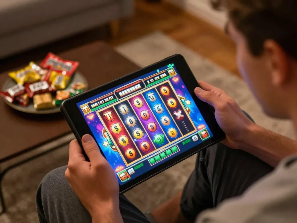Pemain yang terlibat menikmati permainan slot online dengan grafik berwarna-warni di tablet dalam suasana yang nyaman