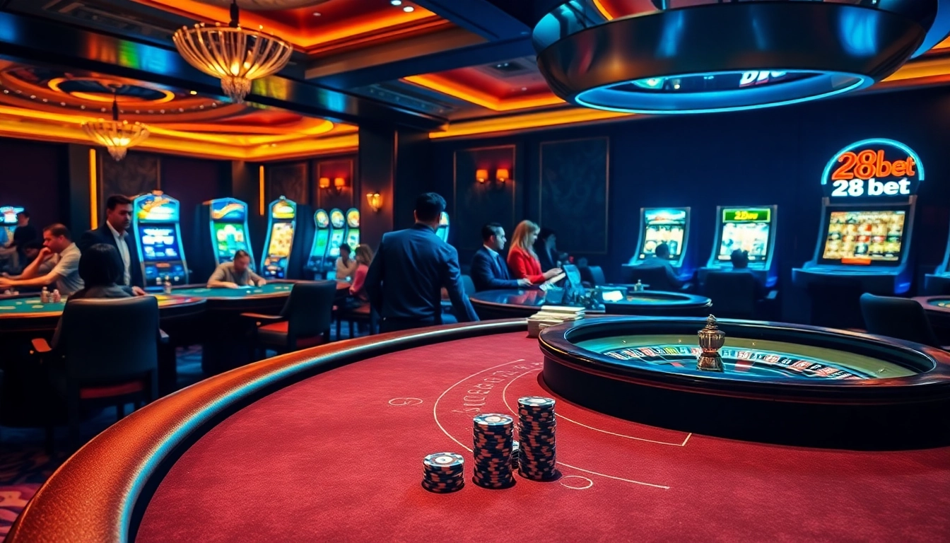 28bet players engaging in thrilling casino games at a luxurious poker table.