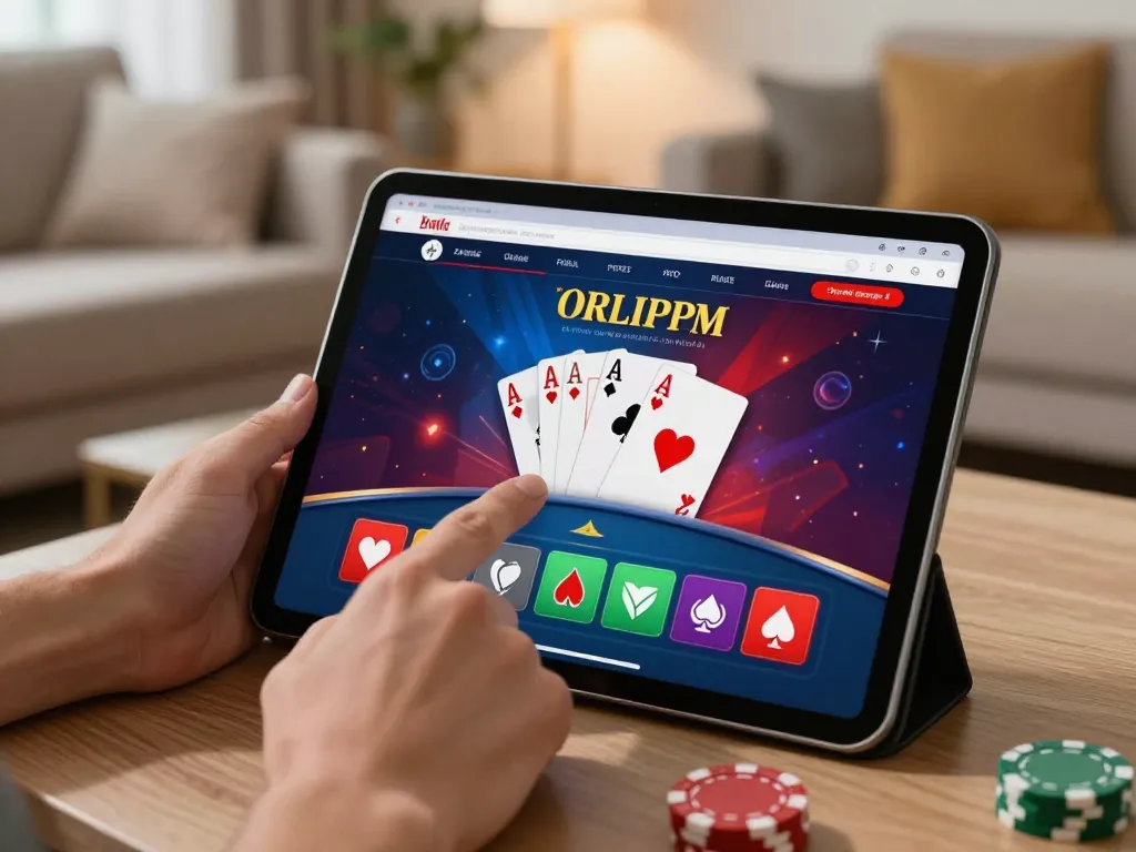 Engaged player navigating the trang chủ king88 online casino platform on a tablet, showcasing vibrant betting options.