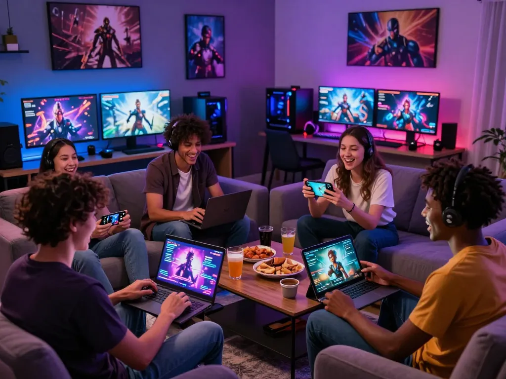 Porn games played by diverse friends on devices in cozy living room with snacks