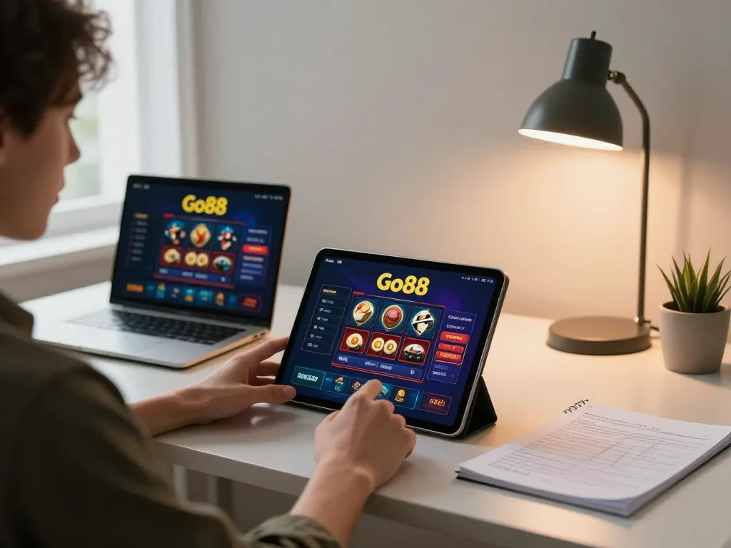 Engaging player using Go88’s online casino platform with thoughtful betting strategies in modern home