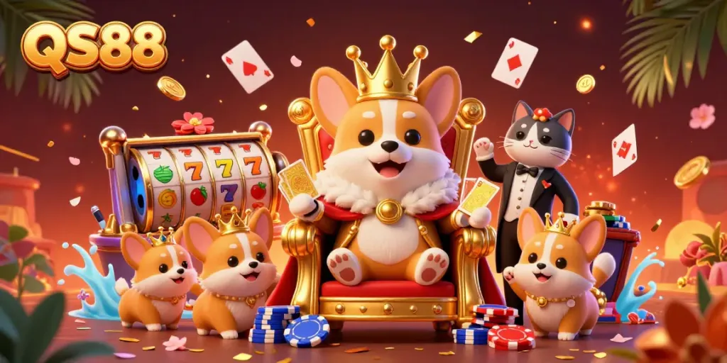 Experience high stakes at QS88 with the royal corgi and vibrant slot elements in this dynamic casino scene.