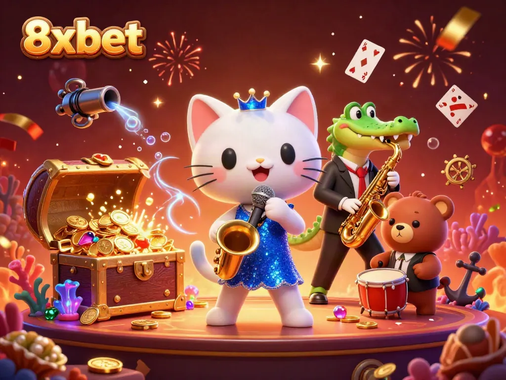 Celebrate wins with 8xbet in this lively casino illustration featuring vibrant characters and gaming elements.