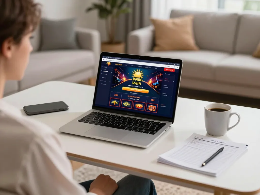 Engaging online gambling experience featuring sun win interface on a laptop in a stylish study.