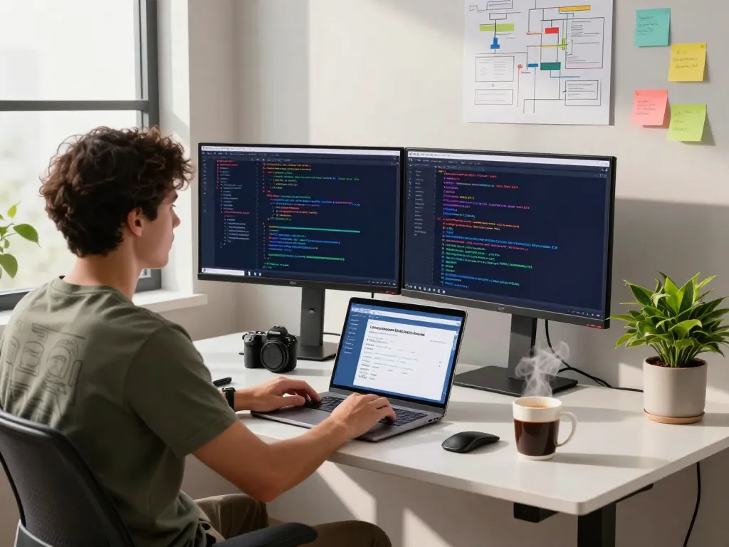 Molt bot developer workspace with screens showing code, coffee, and plant in a bright environment.