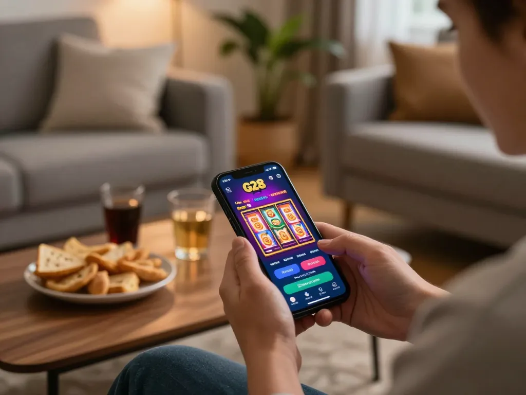 Player enjoying the G28 online casino app on a smartphone at home in a cozy environment, engaging with vibrant slot games.