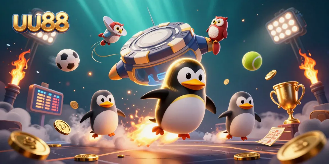 Engage with uu88's thrilling golden penguin adventure in a vibrant casino galaxy.