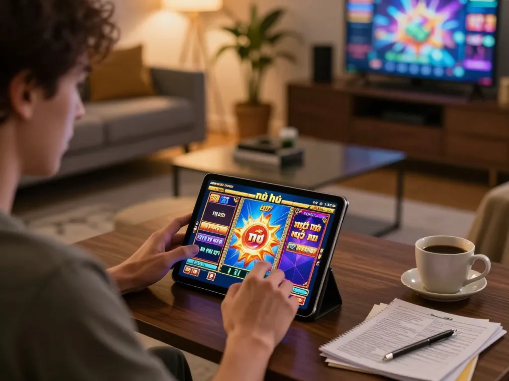 Engaging in nổ hũ slot gameplay on a tablet in a cozy home setting, highlighting the excitement of online gambling