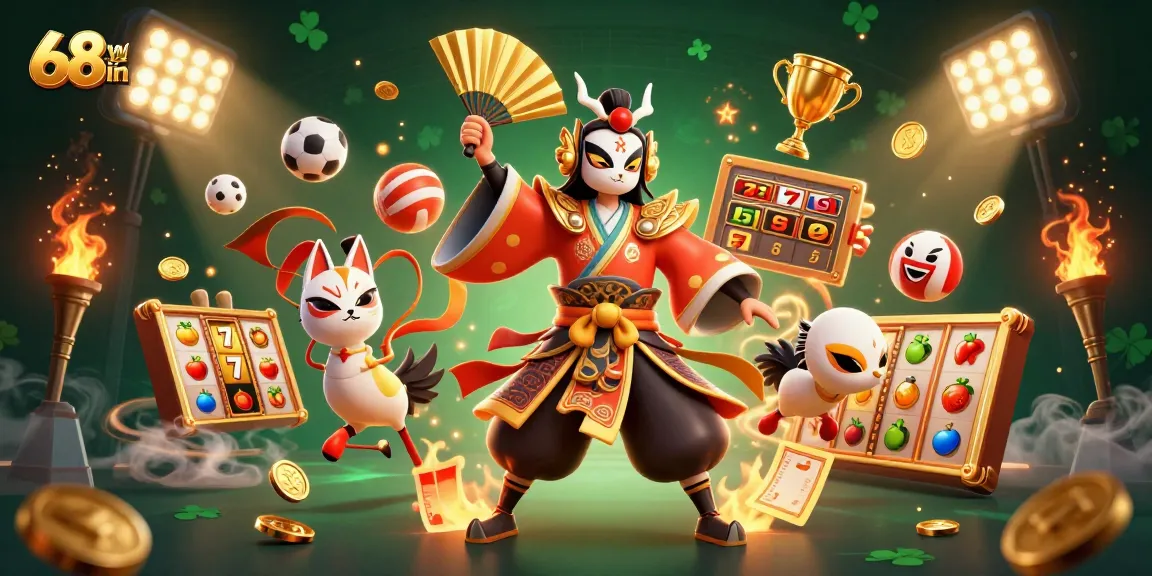 Engage with the vibrant world of 68win, featuring festive characters and dynamic games.