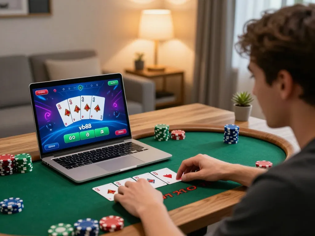 Engaging online blackjack gameplay showcasing vb88 uy tín with player focused on the live dealer interface.