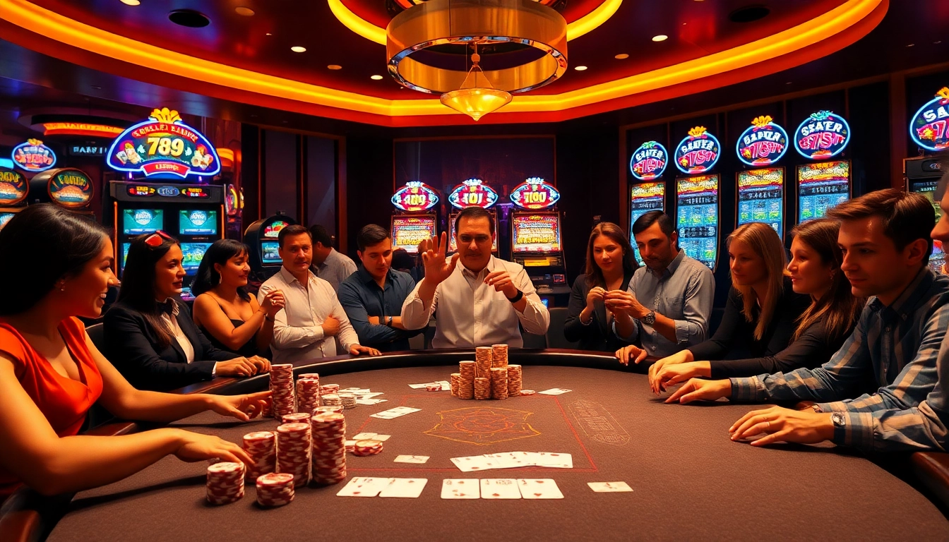 Players engaging in an exciting poker game at 789F casino, highlighting vibrant visuals and poker chips.