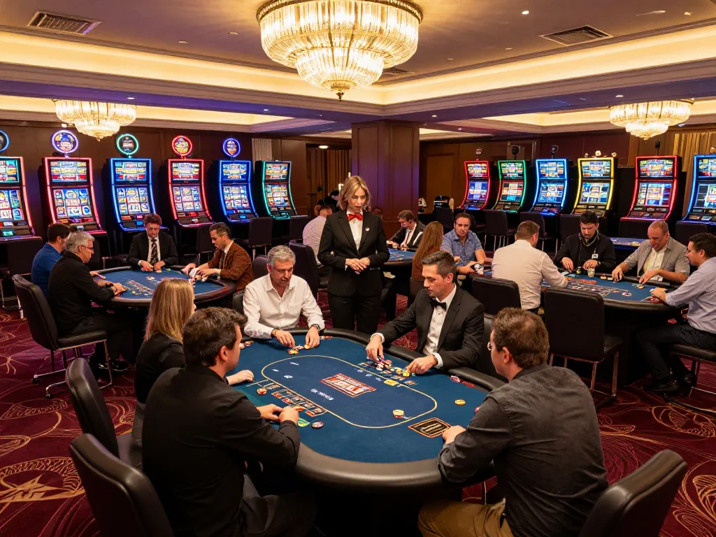 BL555 players enjoying an intense poker game in a vibrant casino atmosphere.