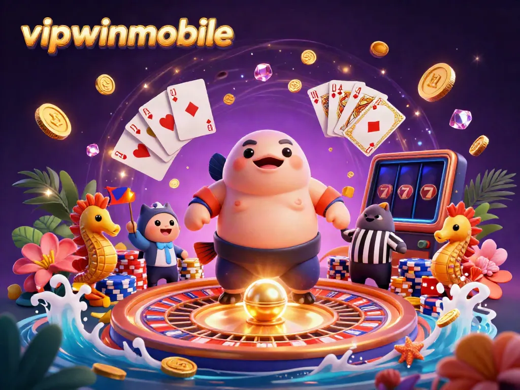 Win big in vipwinmobile with a playful underwater casino scene featuring a fugu and a catfish referee.