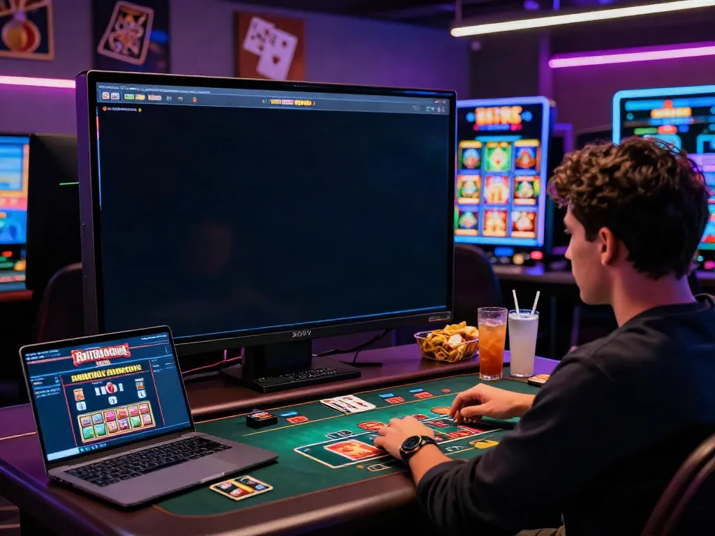 Player enjoying digital gaming at credit card casinos UK in a vibrant online casino environment.