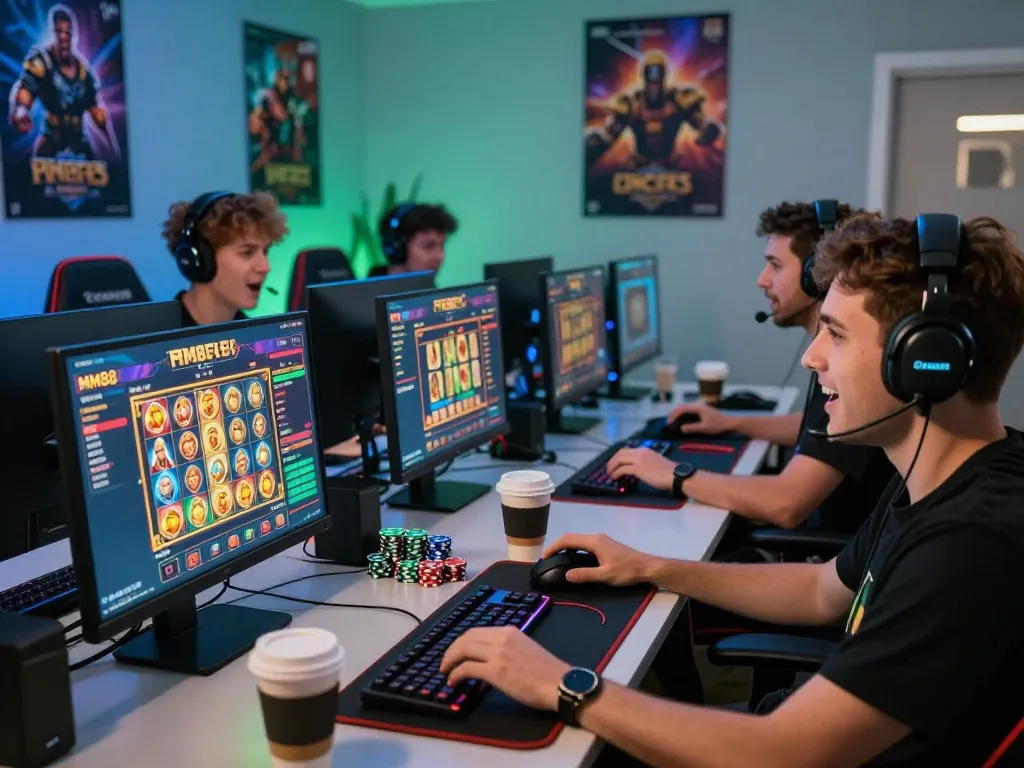 Players engaging with the MM88 online casino in a vibrant gaming setup.