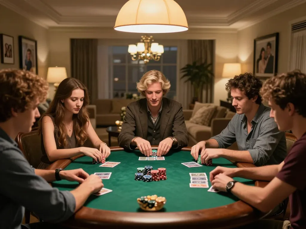 Friends enjoying a poker night with go8, strategic gameplay, stacks of chips, and warm ambiance.