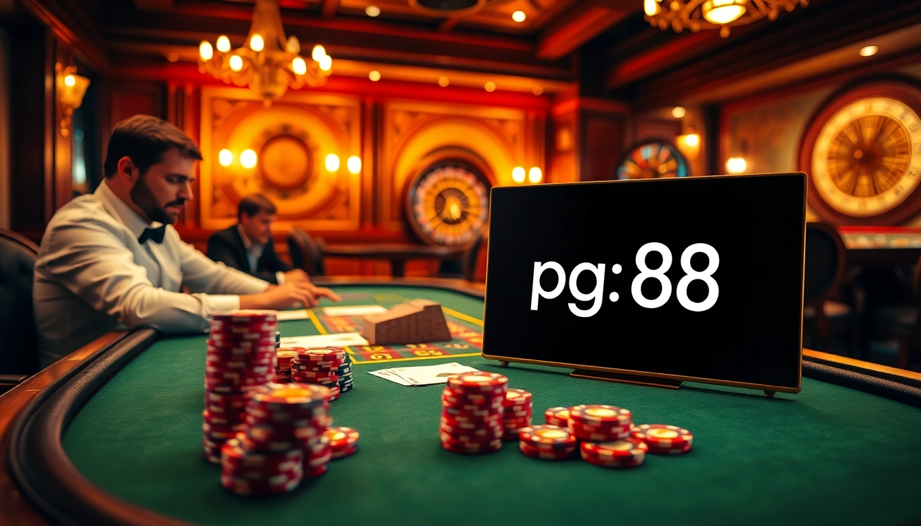 A thrilling casino poker scene showcasing strategic bets at pg 88, vibrant chips, and immersive atmosphere.