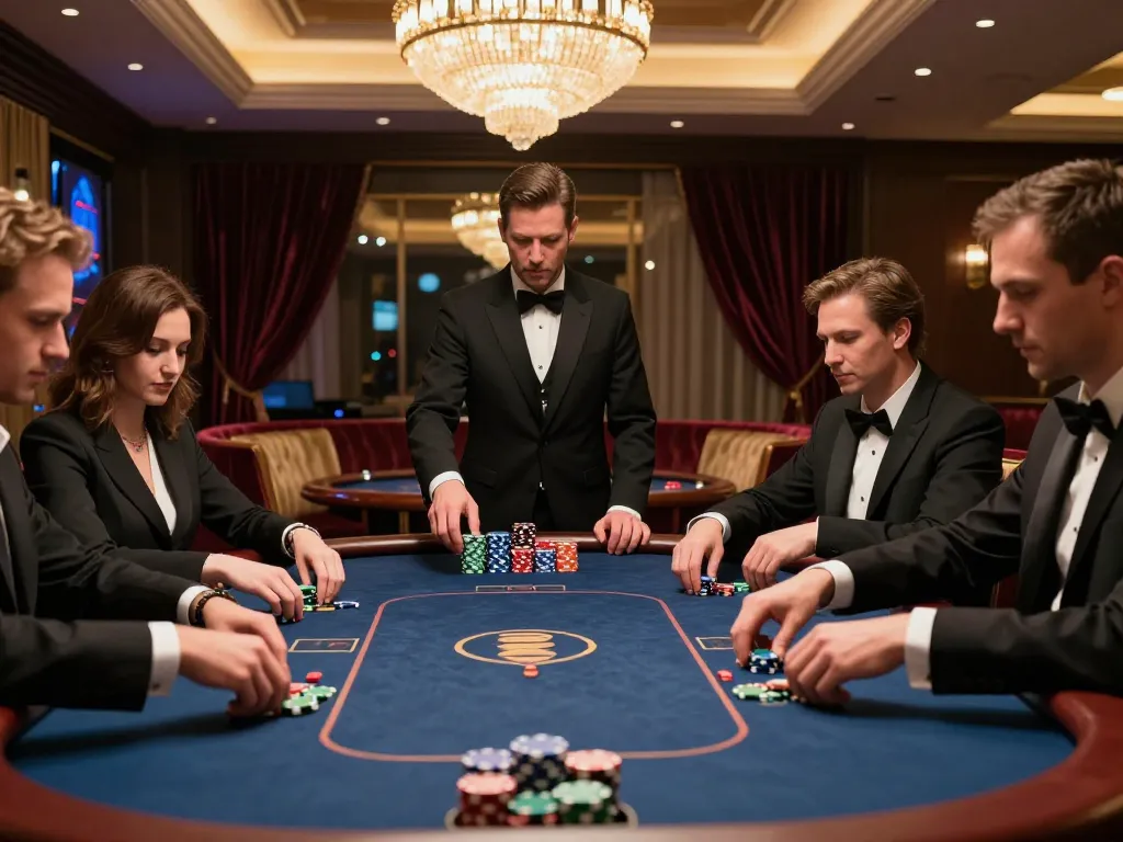 Engaging poker session at iwin club in upscale casino, showcasing players' strategic gameplay with vibrant chips and dealer activity