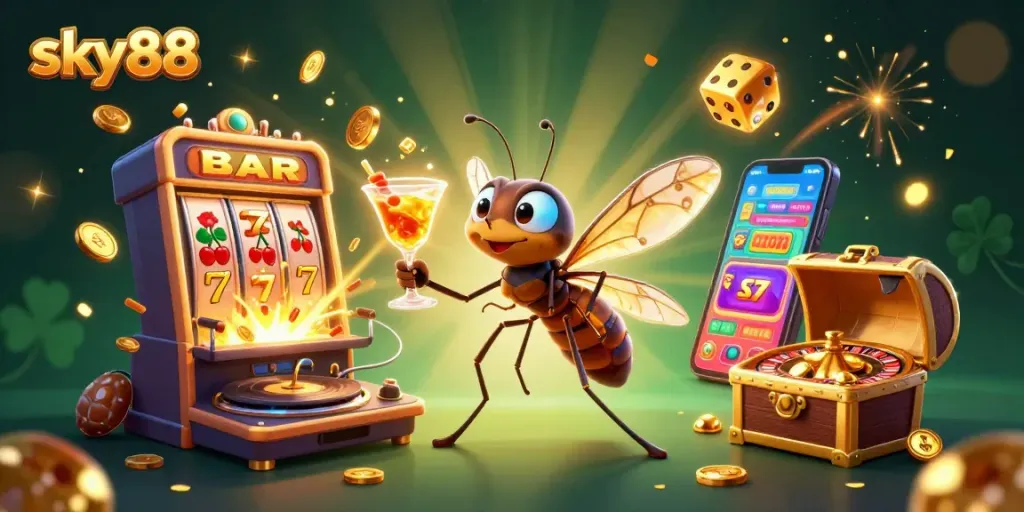 Experience excitement at sky88 with 3D characters and a vibrant casino scene showcasing thrilling games.