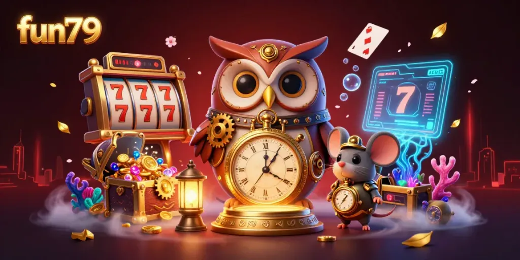 Engage with fun79's vibrant casino experience featuring a time-traveler owl amidst animated slot machines.