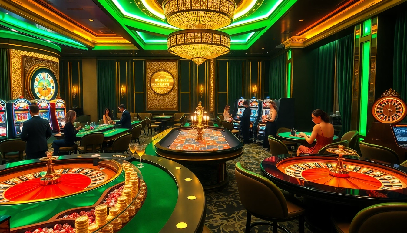Players enjoying high-stakes gaming at a luxurious 33Win casino, surrounded by roulette wheels and slot machines.