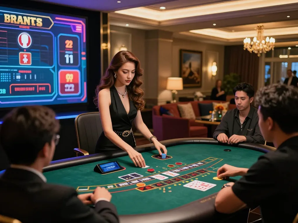 HDBET players engaged in live blackjack at home, digital interface showcasing strategic moves, vibrant online atmosphere.