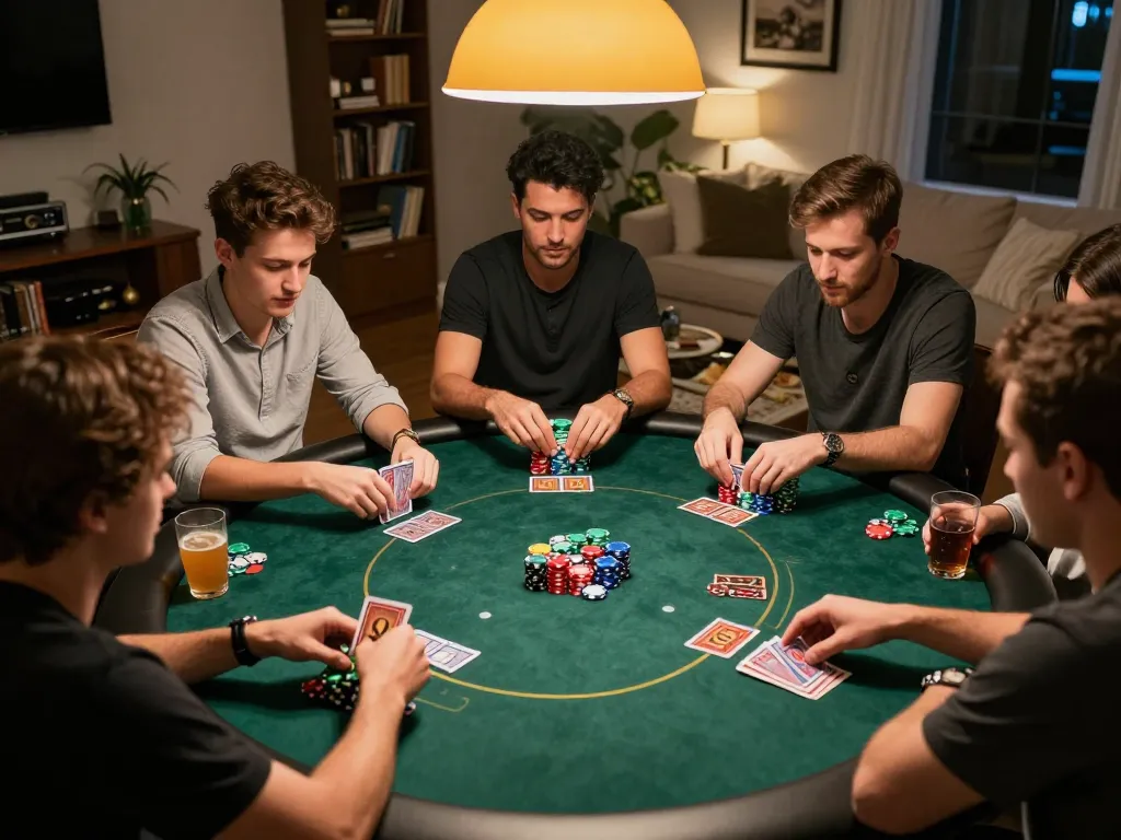 Players engaged in a friendly poker game at home with the iwin club atmosphere, showcasing strategy and social interaction