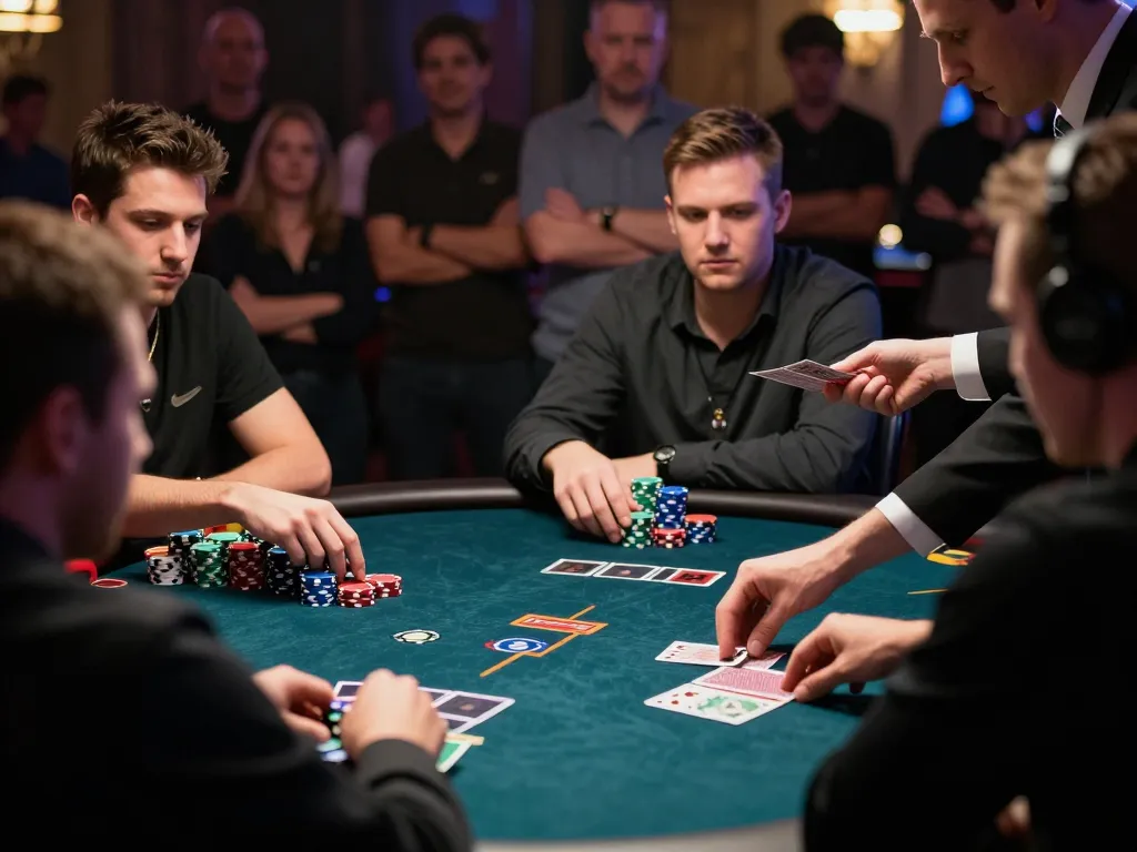 This intense poker game at keonhacaii88 showcases players strategizing their bets amidst vibrant casino atmosphere.