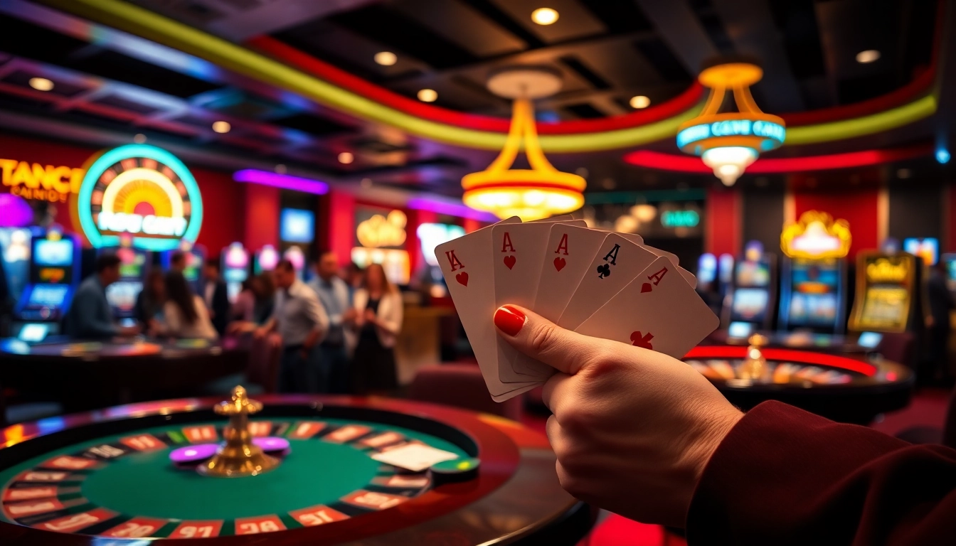 Exciting poker game scene at sbobet.dance with vibrant casino atmosphere.