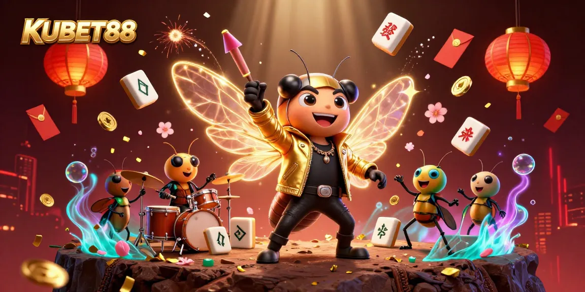 KUBET88 showcases an electrifying gaming scene with a cartoon rock star and vibrant casino elements.