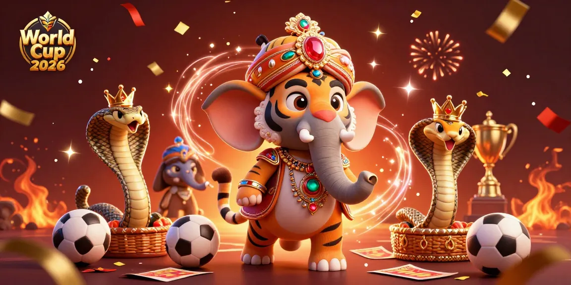 Betting on World Cup 2026 with a colorful depiction of a tiger, elephant, and cobra amidst sports elements.