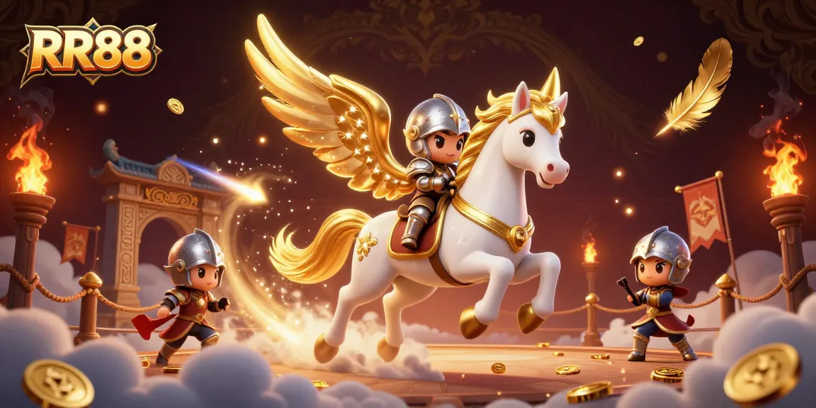Engage in thrilling jackpots at RR88 with a celestial horse and knight illuminating a vibrant casino scene.