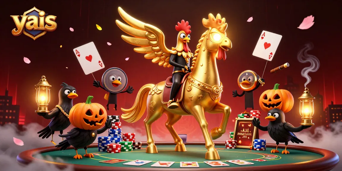 Engage with yais at a vibrant midnight casino featuring a golden rooster poker scene.