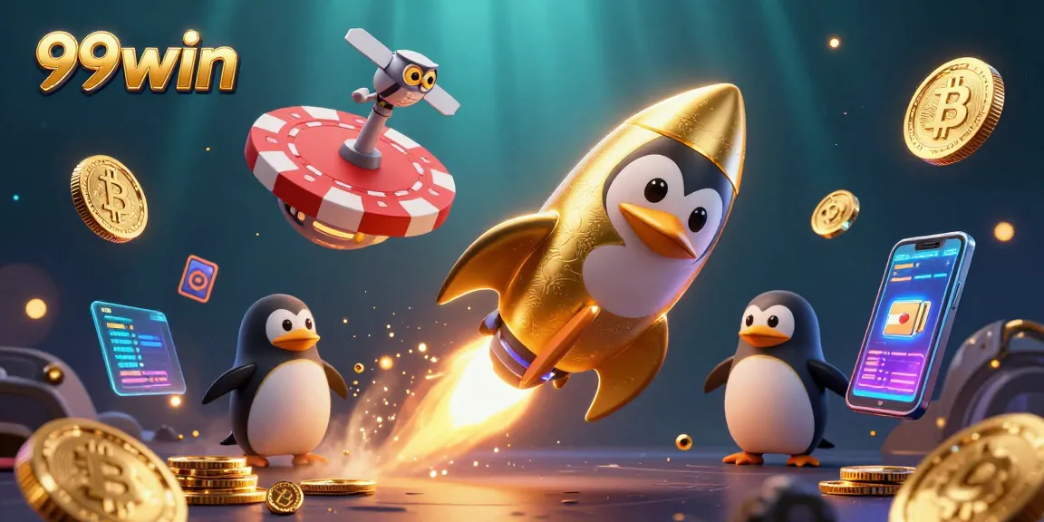 Experience 99win with a golden penguin racing towards a vibrant casino space station filled with blockchain elements.