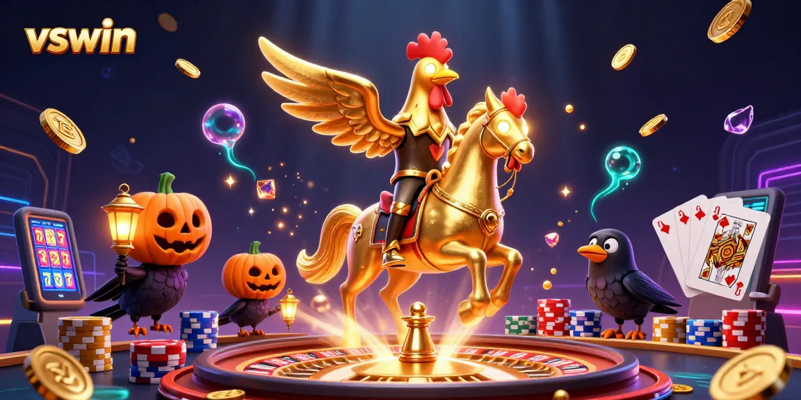 Play thrilling games at vswin with a golden rooster leading the way in a vibrant casino scene.