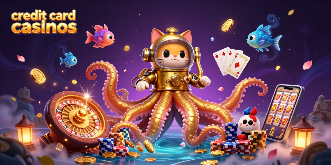 Experience thrilling action at credit card casinos with a vibrant scene of a kraken, diving cat, and treasure.