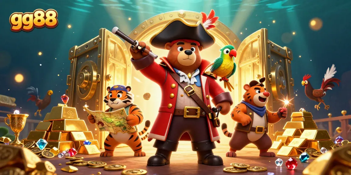 Experience thrilling cockfighting with gg88's pirate bear and tiger in a treasure-filled scene.