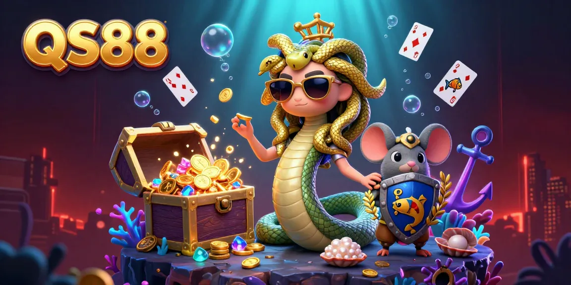 Immerse in the QS88 gaming experience with an enchanting Medusa and dynamic casino-themed elements.