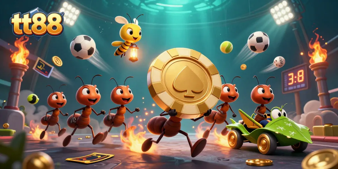 Experience thrilling gambling with tt88 as ants navigate a dynamic heist scene filled with sports elements.