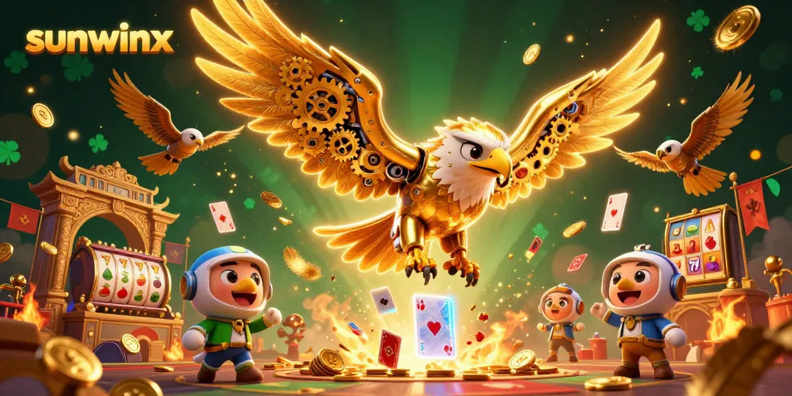 Experience thrilling gaming with sunwinx as a golden eagle dives through holographic cards amidst vibrant casino elements.
