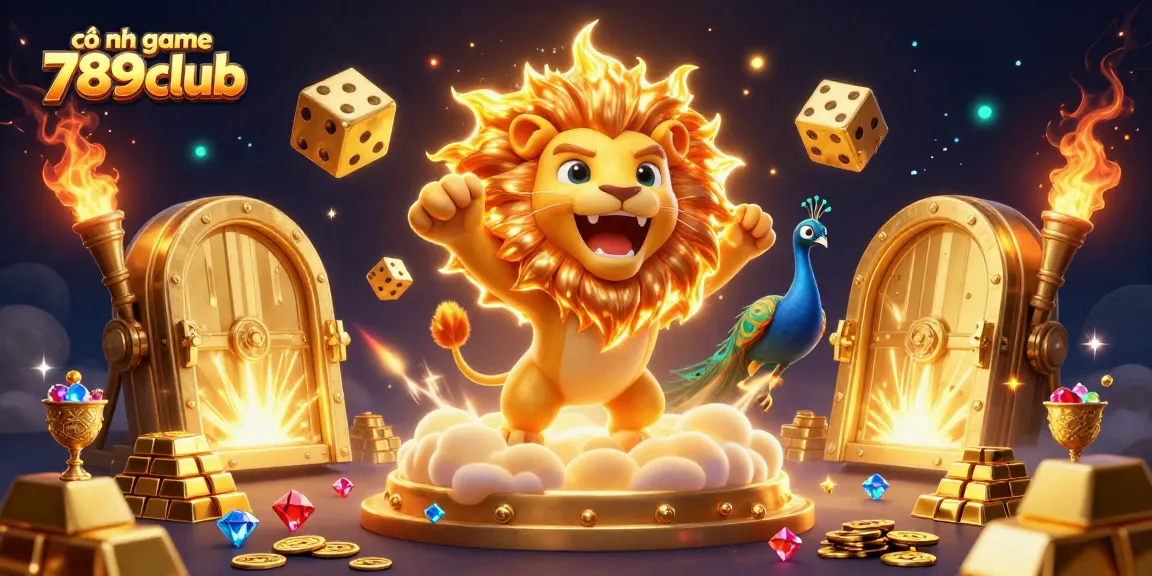 Join in the excitement of cổng game 789club, where a triumphant sun lion and golden dice create a thrilling casino adventure.