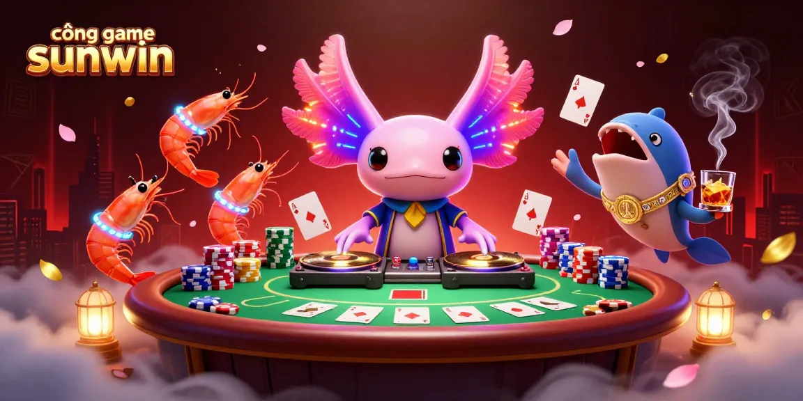 Experience the vibrant energy of cổng game sunwin with a neon axolotl DJ, poker elements, and playful sea creatures.