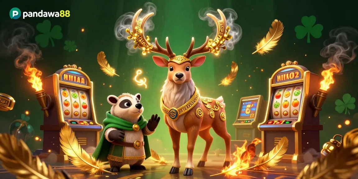 Experience thrilling wins with pandawa88 showcased through an enchanting 3D casino scene filled with scattered coins and spins.