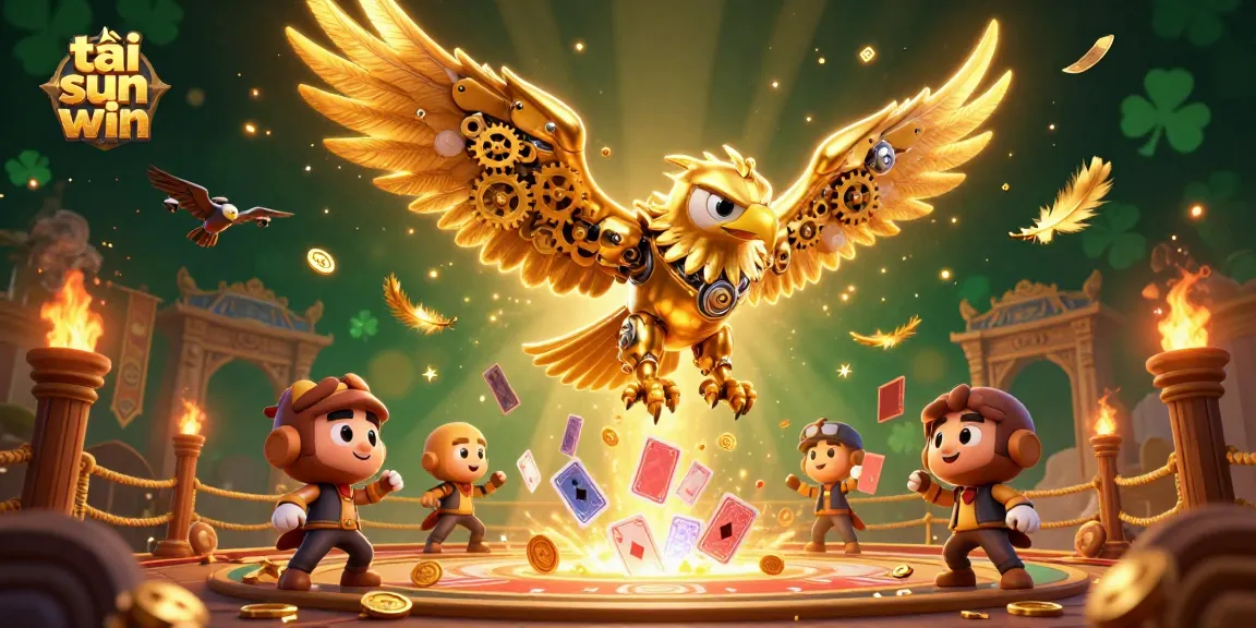 Spin and win at tải sun win, featuring a dynamic scene with a cybernetic golden eagle and holographic cards.
