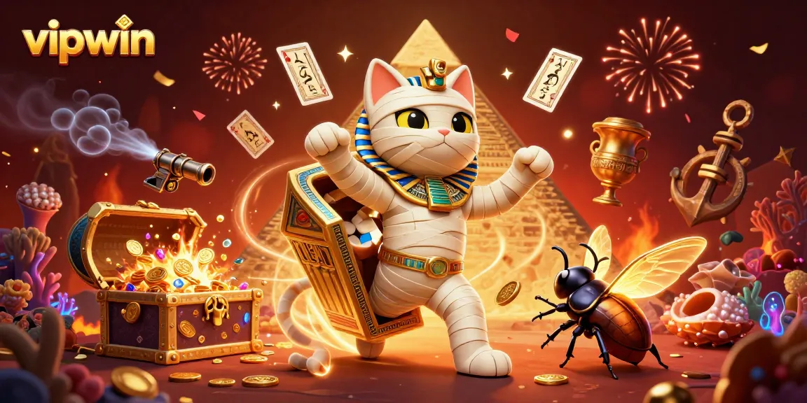 Experience the thrilling world of vipwin with a vibrant, cartoon-style 3D scene featuring a mummy cat and treasures.